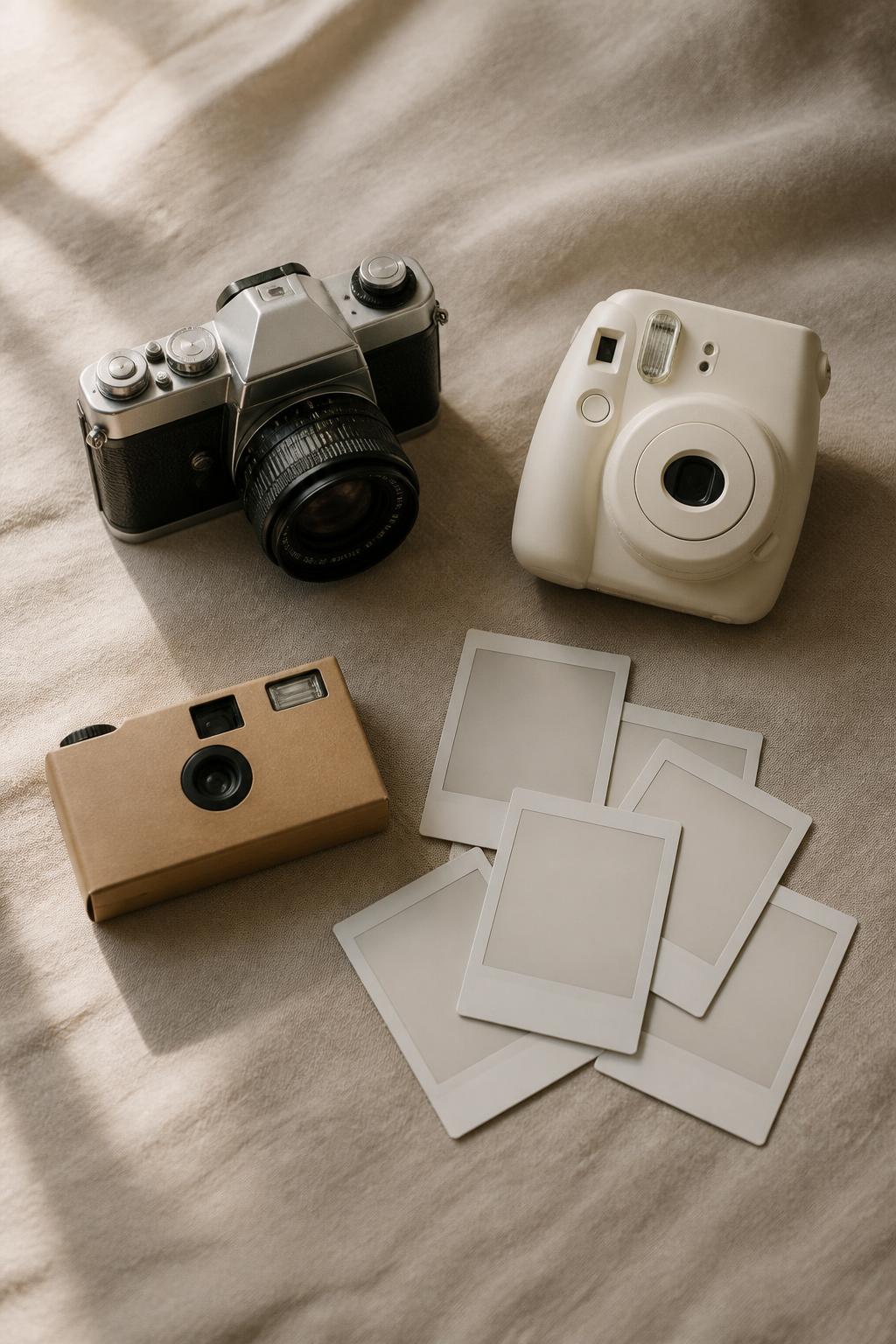 Film camera, instant camera, disposable camera, and polaroids on linen